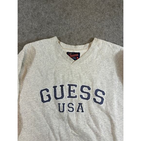 Vintage 90s Guess V Neck Sweatshirt Mens Medium Gray Embroidered Logo Relaxed - Picture 2 of 5